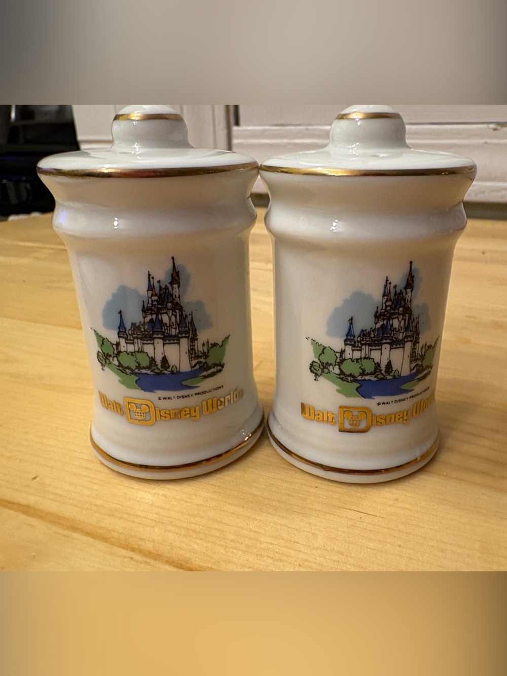 Disney White Porcelain Salt & Pepper Shakers,Gold Trim and Castle Motif 1970’s